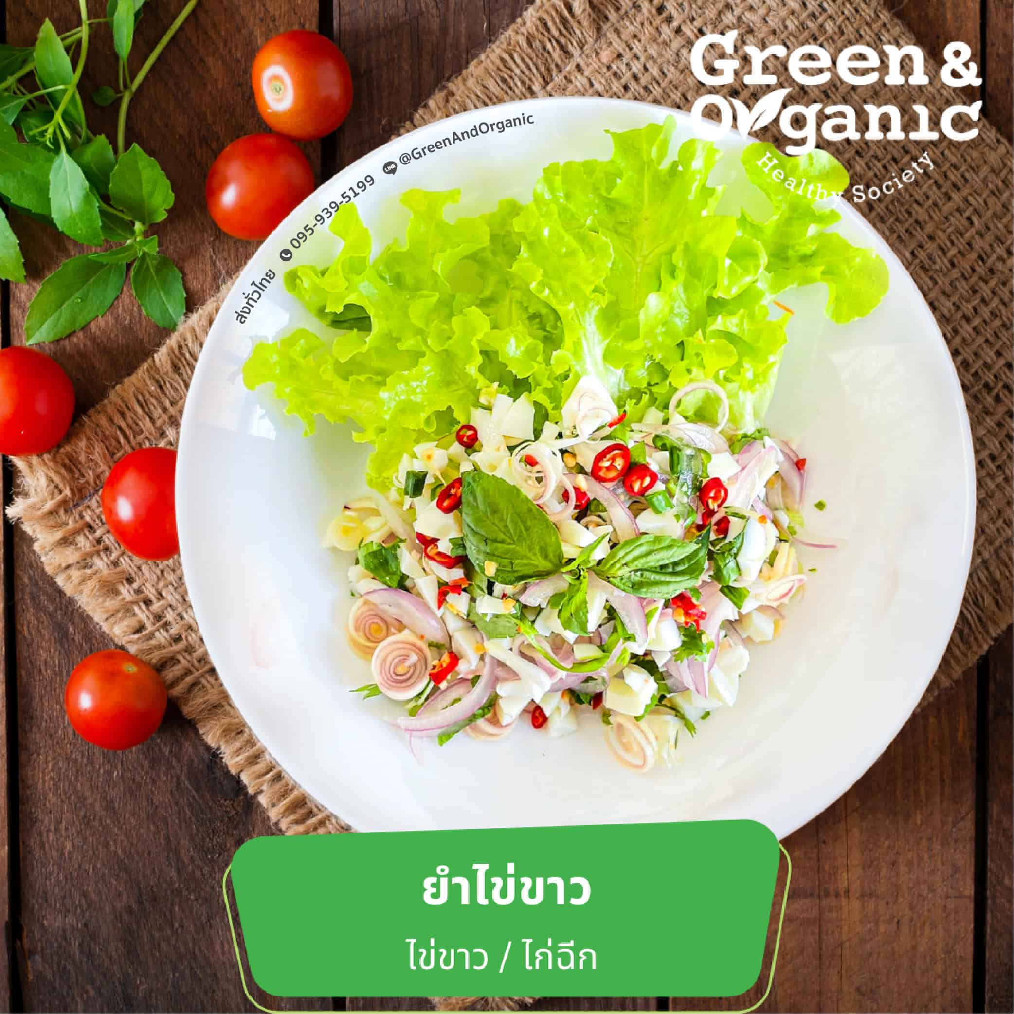 Fresh Thai green onion salad with organic vegetables, lettuce, lemongrass, chili, and herbs.