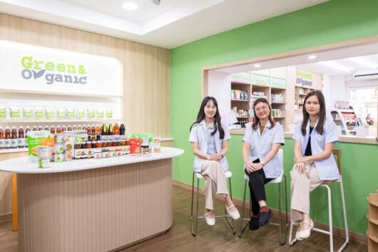 Fresh organic health products display at Green & Organic store in Thailand.